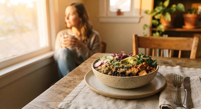 Healthy Plant-Based Grain Bowl with Tofu and Avocado, Nutritious Lunch for Everyday Wellness and Mindful Eating