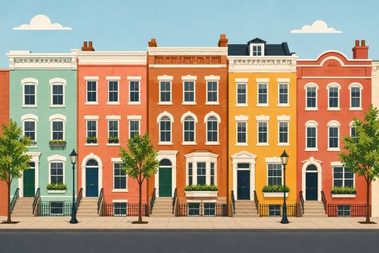 Row of colorful townhouse facades flat vector illustration