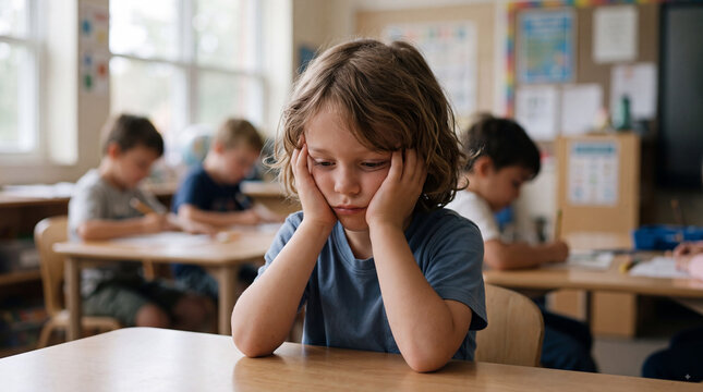 Thoughtful young child sitting alone at classroom desk with hands on cheeks while classmates study in softly blurred elementary school background