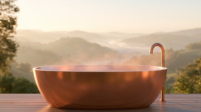 Freestanding copper soaking tub on wooden deck overlooking misty mountains at sunrise, creating a serene and luxurious outdoor bathing experience