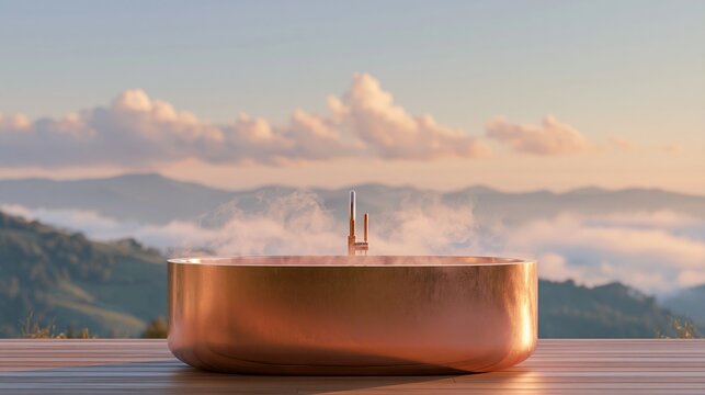 Freestanding copper soaking tub on wooden deck with mist rising, overlooking mountainous landscape and cloudy sky at sunset, creating a serene outdoor bathing experience