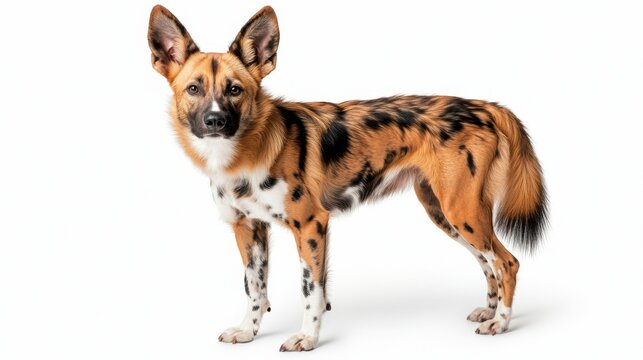 An African wild dog standing elegantly with its unique spotted coat and large erect ears