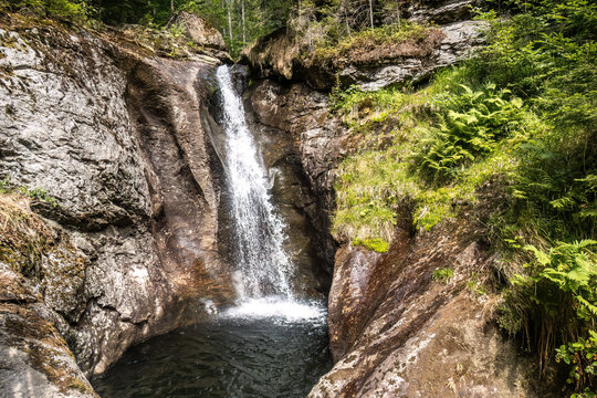 Hochfall Waterfall near Bodenmais Flowing through Rocky Forest Gorge in the Bavarian Forest, Bavaria, Germany in Summer