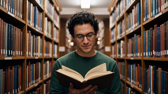 Young man reading an open book in a quiet library aisle, focused student surrounded by bookshelves for education, research, and learning concepts