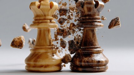 Fototapeta premium Chess Collision: Two majestic chess king pieces, one light and one dark, are captured mid-collision with fragments of stone exploding outwards, symbolizing intense conflict and decisive moments.