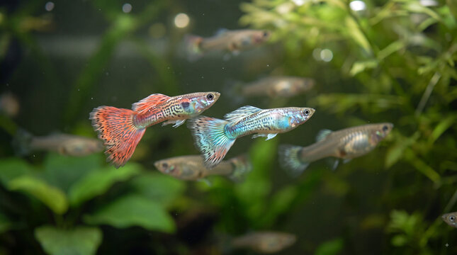 Colorful male guppy fish swimming in a planted freshwater aquarium with blurred aquatic plants and tropical fish in natural underwater scene