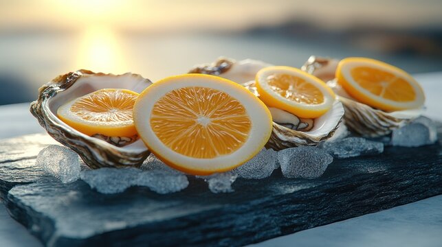 Fresh oysters with lemon slices on ice