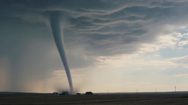 A powerful storm with a funnel cloud bearing down on a desolate landscape.