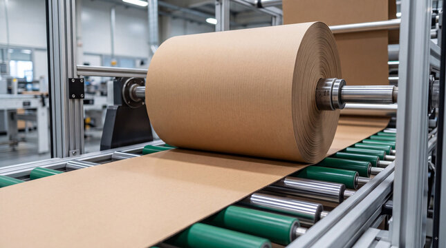 Large kraft paper roll feeding through automated conveyor rollers in modern packaging production line for industrial paper manufacturing process