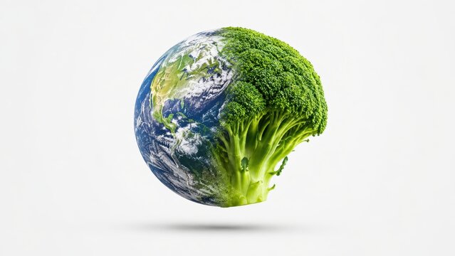 Surreal planet Earth combined with a fresh broccoli head representing healthy food and environmental health