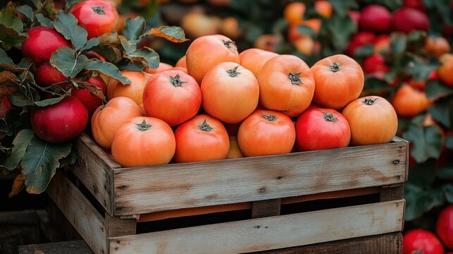 Freshly picked tomatoes in wooden crate