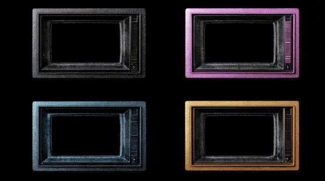 Four Ornate Frames Arranged in a Pattern: Four decorative picture frames in black, purple, blue, and gold are arranged in a 2x2 grid, creating a sense of depth and symmetry.