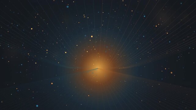 Radiant glowing particle lines converging into a golden center point within this dynamic abstract motion footage