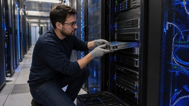 Server technician replacing a drive in a glowing data center rack