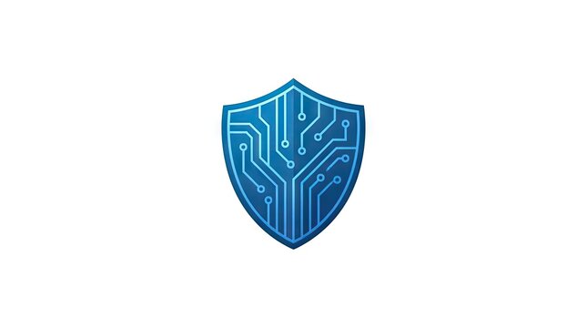 Blue digital shield icon featuring a circuit board pattern.