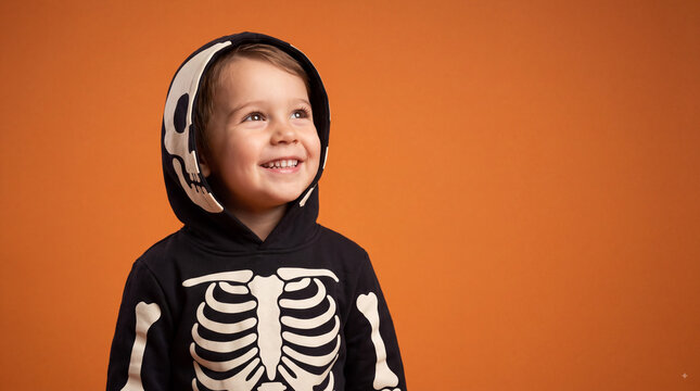 Smiling toddler in skeleton Halloween hoodie looking up on orange background with copy space, cute child in spooky costume for autumn holiday