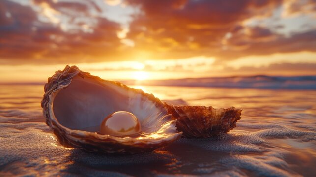 Golden pearl in seashell at sunset
