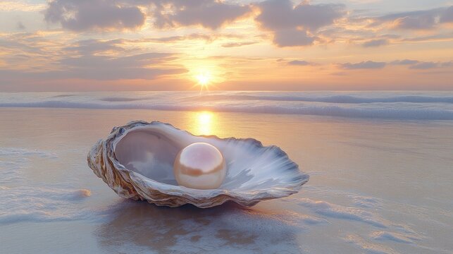 Golden pearl in seashell at sunrise