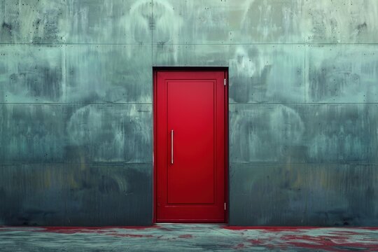 Vibrant red door offering a striking contrast against a textured green wall, symbolizing choice or opportunity