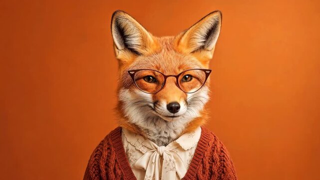 Elegant red fox female character with glasses wearing a cardigan looking at the camera and winking