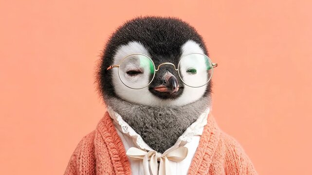 Funny baby penguin female character wearing glasses and a sweater, looking at the camera and blinking its eyes