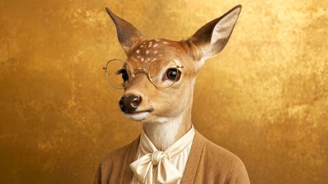 Humorous portrait of a deer female character wearing glasses and clothes moving its head against a gold background