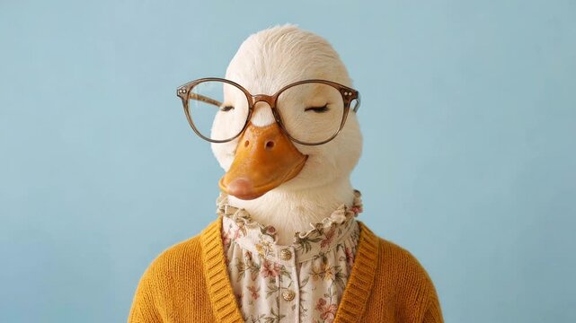Comical white duck female character dressed as a human looking at camera and blinking on a solid blue background