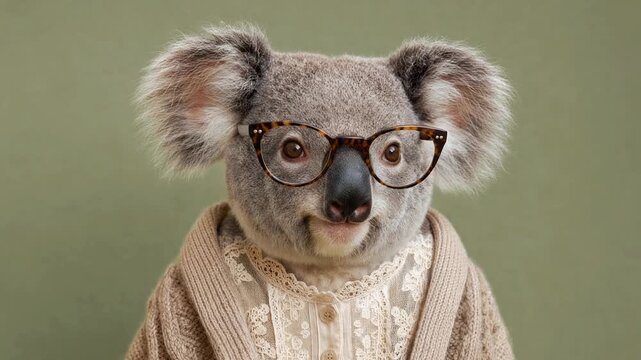 Funny and intelligent koala female character dressed in human clothes, blinking and looking at the camera