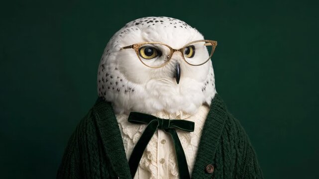 Anthropomorphic snowy owl female character wearing glasses and vintage clothes against a dark green background