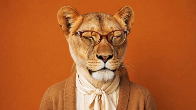 Elegant lioness female character with human clothing and glasses blinking slowly against a solid orange background