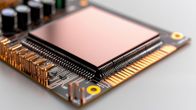 Close-up of a computer microchip with a copper heat spreader, highlighting the intricate circuitry and pins. This powerful component is central to modern technology.