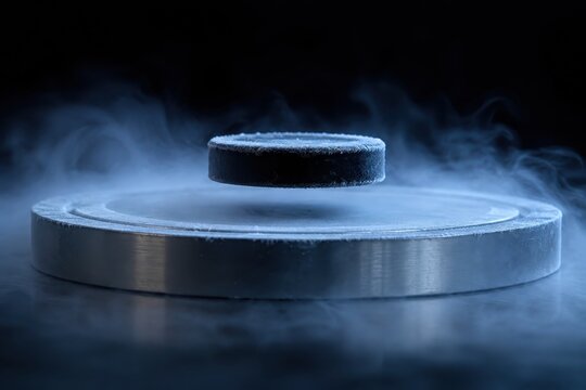 Superconductor disc levitating above a magnet in cold vapour