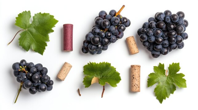 A still life composition featuring bunches of ripe dark grapes, green leaves, and wine corks, arranged on a white surface