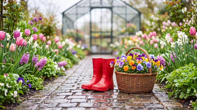 Red rain boots and wicker basket of pansies on wet brick path in colorful spring garden with tulips, daffodils and greenhouse background after rain