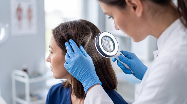 Dermatologist examining patient scalp with magnifying lamp during hair loss consultation in modern clinic, close up medical checkup for skin health