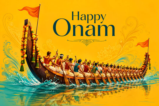 Magnificent snake boat race illustration wishing happy onam to everyone celebrating the most famous traditional south indian festival in kerala harvest season