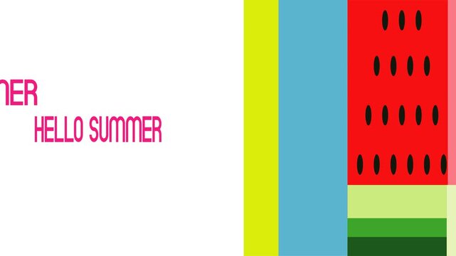 Minimalist watermelon transition animation for summer video intro with red pulp, black seeds, and blue accents.