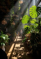 Fototapeta premium People sitting in a restaurant filled with green plants. Tropical indoor garden cafe with lush foliage and warm sunlight. Modern botanical interior design for dining and lifestyle.