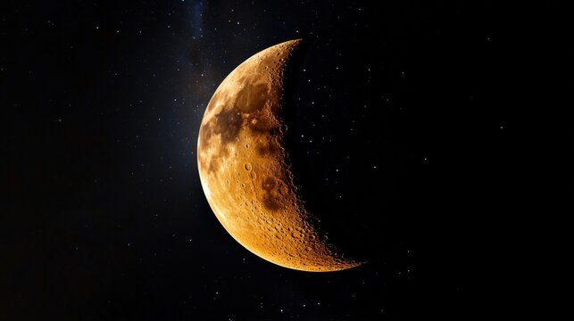 A close-up of a crescent moon glowing in the dark night sky, with visible craters and surface textures. The moon is illuminated by a warm, golden light, creating a sense of mystery and wonder