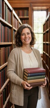 Smiling librarian standing between tall library shelves