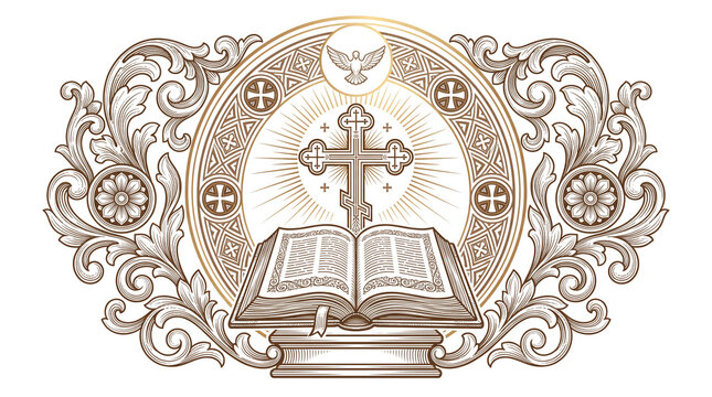 Christian Cross with Holy Bible and Dove of the Holy Spirit in Ornamental Frame