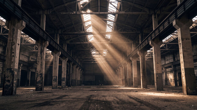 Abandoned industrial warehouse interior with dramatic sunbeams through broken skylights, concrete columns, dusty floor and decaying factory architecture