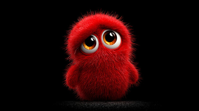 Cute red furry fluffy creature monster character with big sad eyes isolated on black
