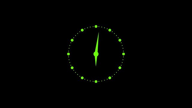 Green colour clock animation. Reverse clock animation showing time running on black background.4k animation
