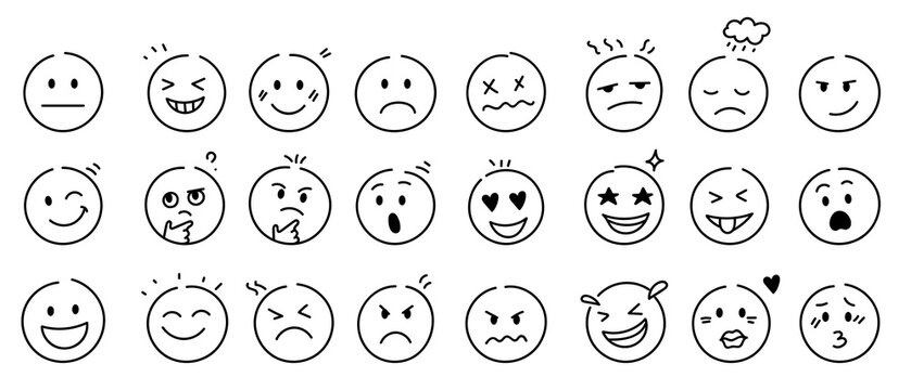 Set of hand drawn emoji faces showing happy, sad, angry, surprised, confused, loving and playful emotions in simple black outline style on white background.