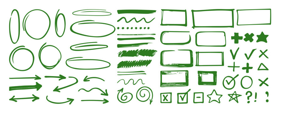 Set of green hand drawn accent elements with arrows, circles, frames, underlines, check marks, stars, crosses and scribbles isolated on a clean white background.