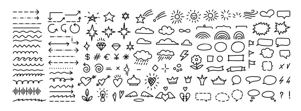 Large hand drawn doodle collection with arrows, stars, clouds, hearts, crowns, speech bubbles, weather symbols, borders and decorative line elements on white background.