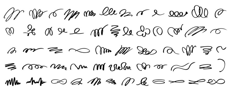 Collection of hand drawn black squiggles, loops, curls, spirals and abstract pen strokes in varied freehand shapes, isolated on a clean white background. Vector illustration