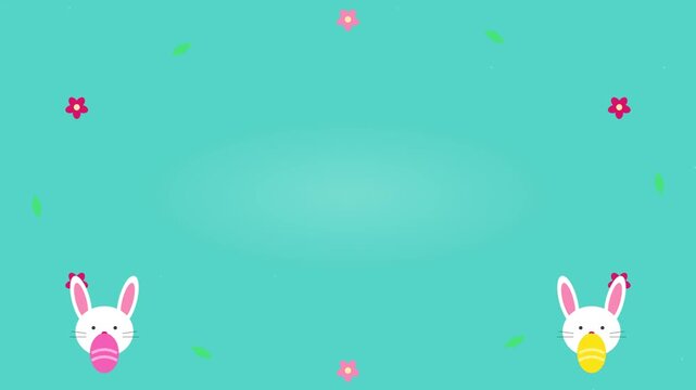 Cute Easter bunnies with colorful eggs on turquoise background