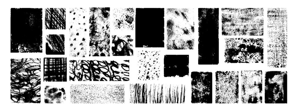 Collection of black grunge textures, distressed brush strokes, ink splatters, scratches and rough abstract marks isolated on a clean white background.